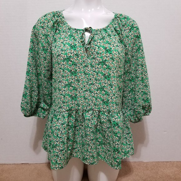 W5 top Medium floral print peplum peasant tie neck keyhole boho Anthropologie - Picture 1 of 11